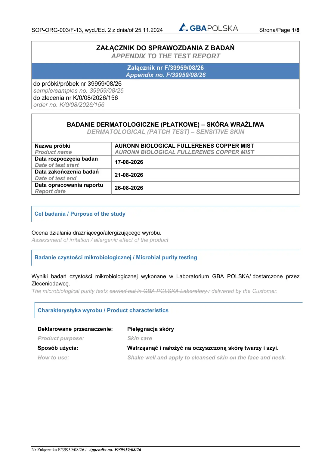 Badania dermatologiczne — AURONN Copper Mist