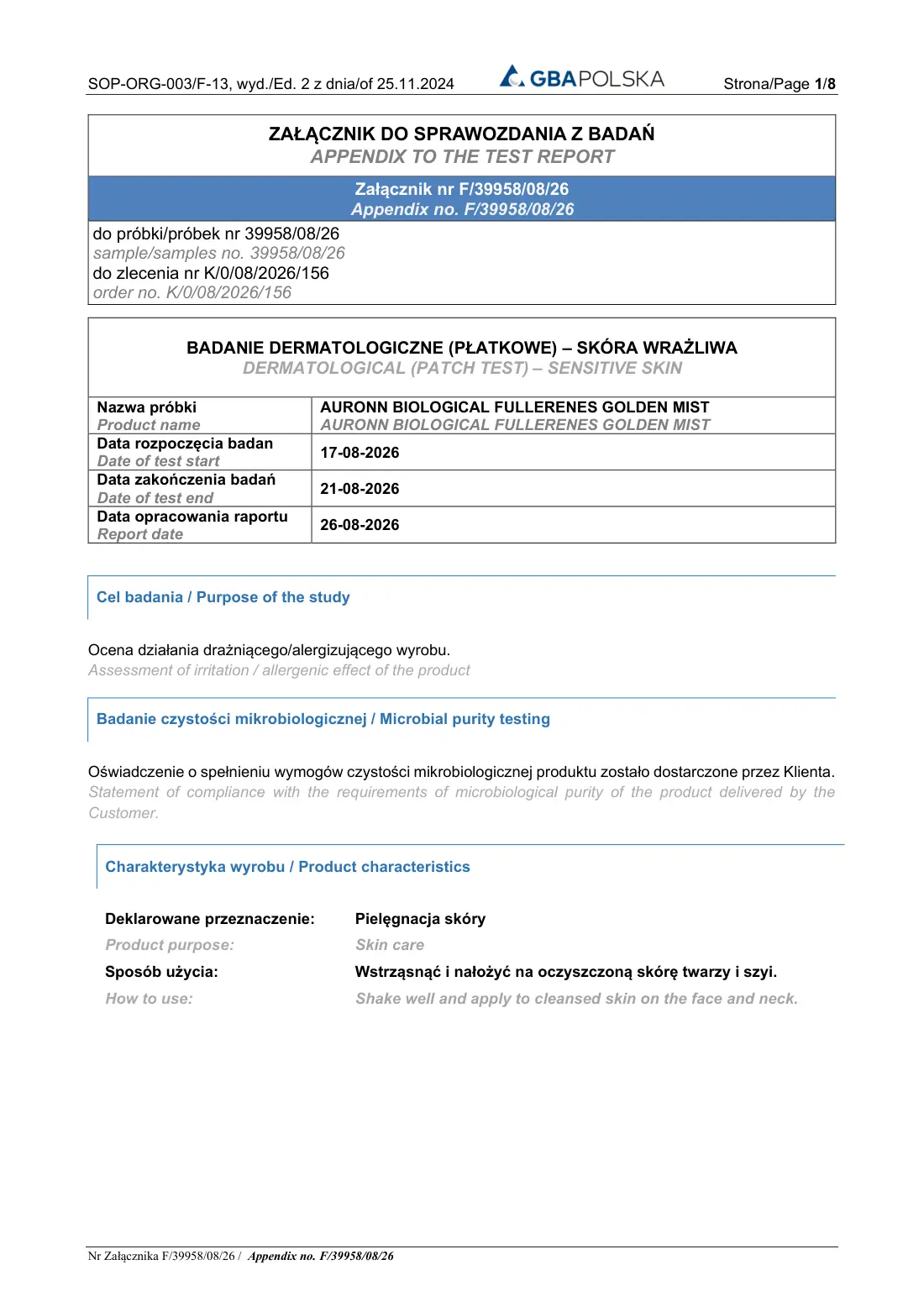 Badania dermatologiczne — AURONN Golden Mist