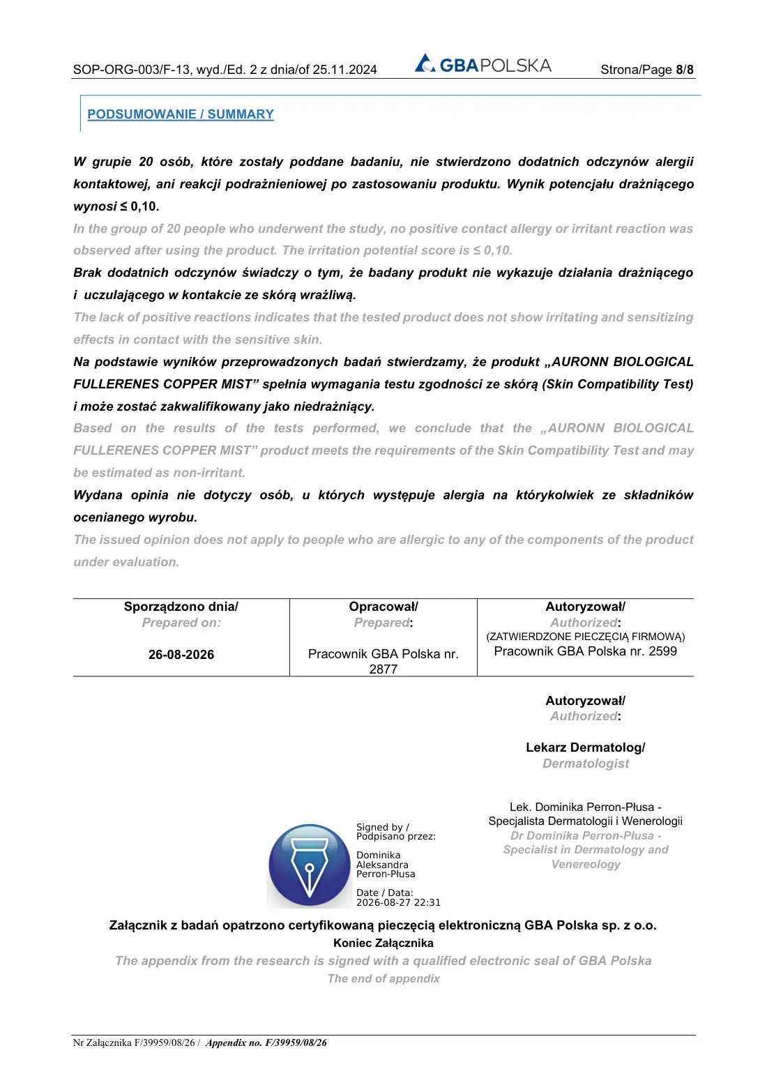 Badania dermatologiczne — AURONN Copper Mist — strona 8