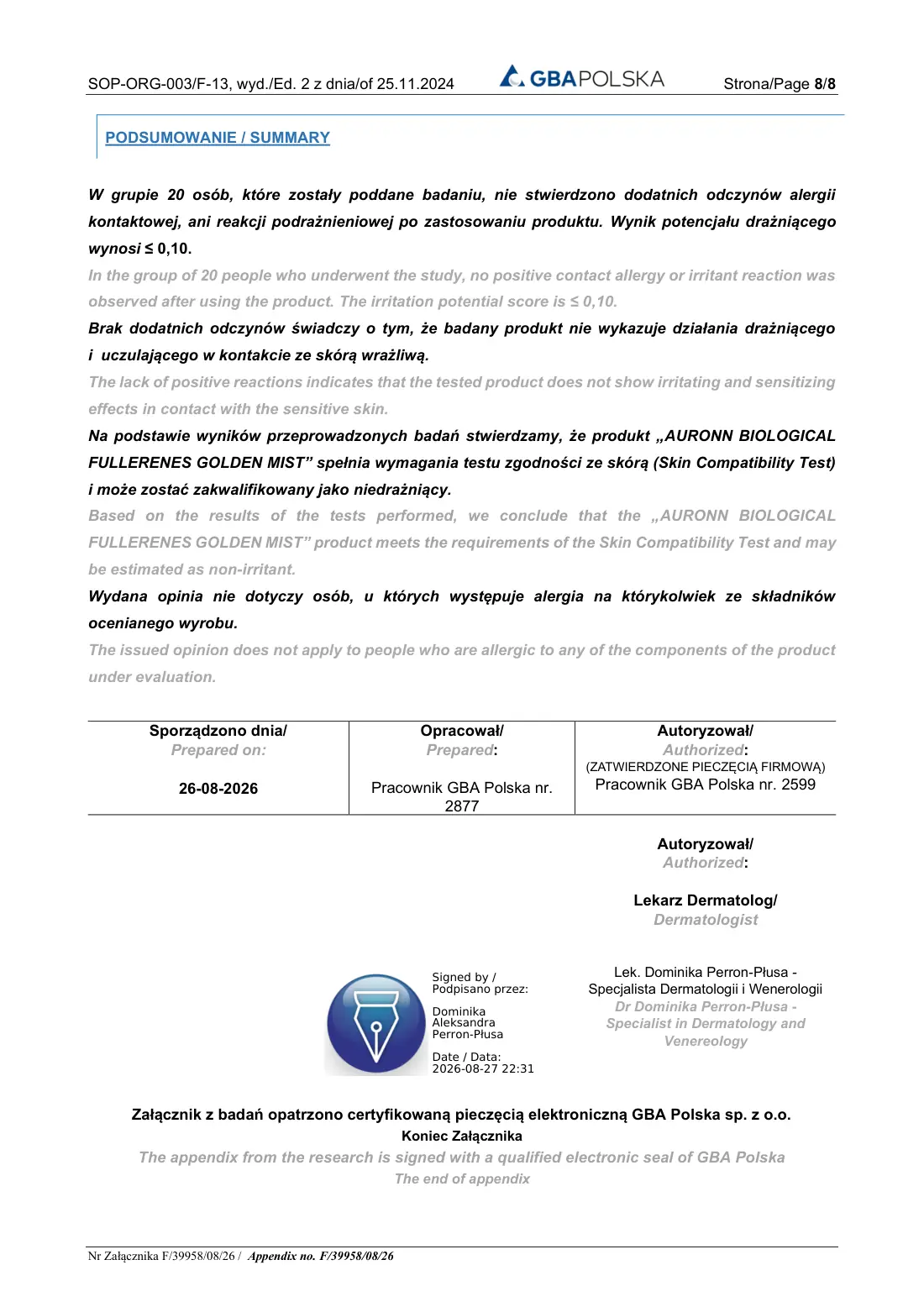 Badania dermatologiczne — AURONN Golden Mist — strona 8